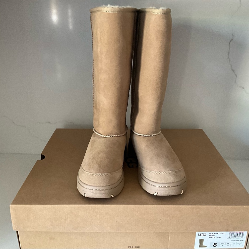 NEW IN BOX WOMENS UGG ULTIMATE TALL BRAID BOOTS SIZE 8 IN CAMEL COLOR